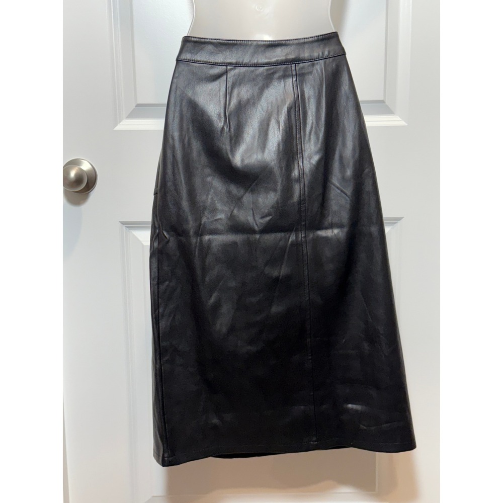 Canyon Retreat Black Faux Leather Midi Skirt Button Front Pockets 10 Womens